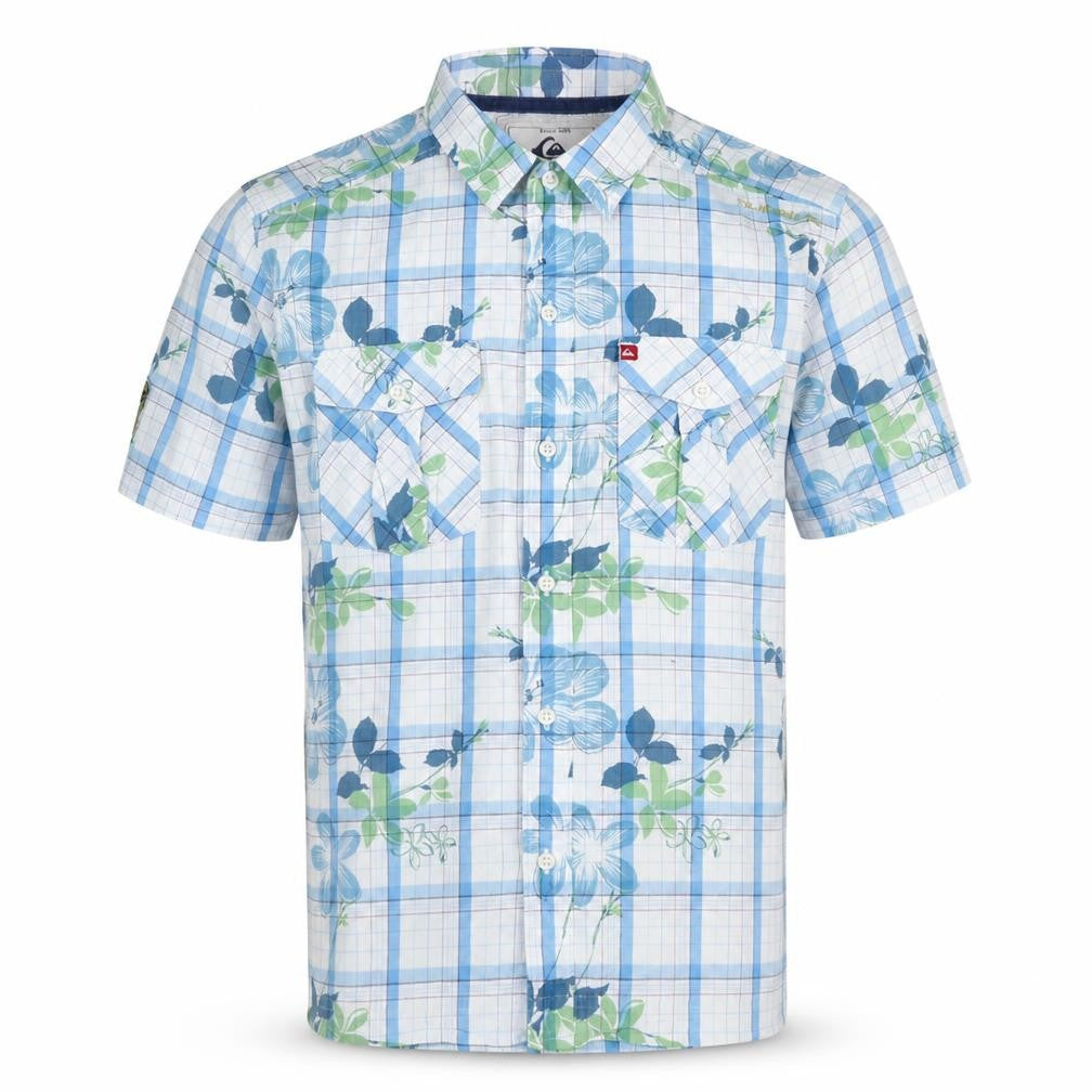 Quiksilver Boys Blue Floral Check Short Sleeve Button-Up Shirt Size 16