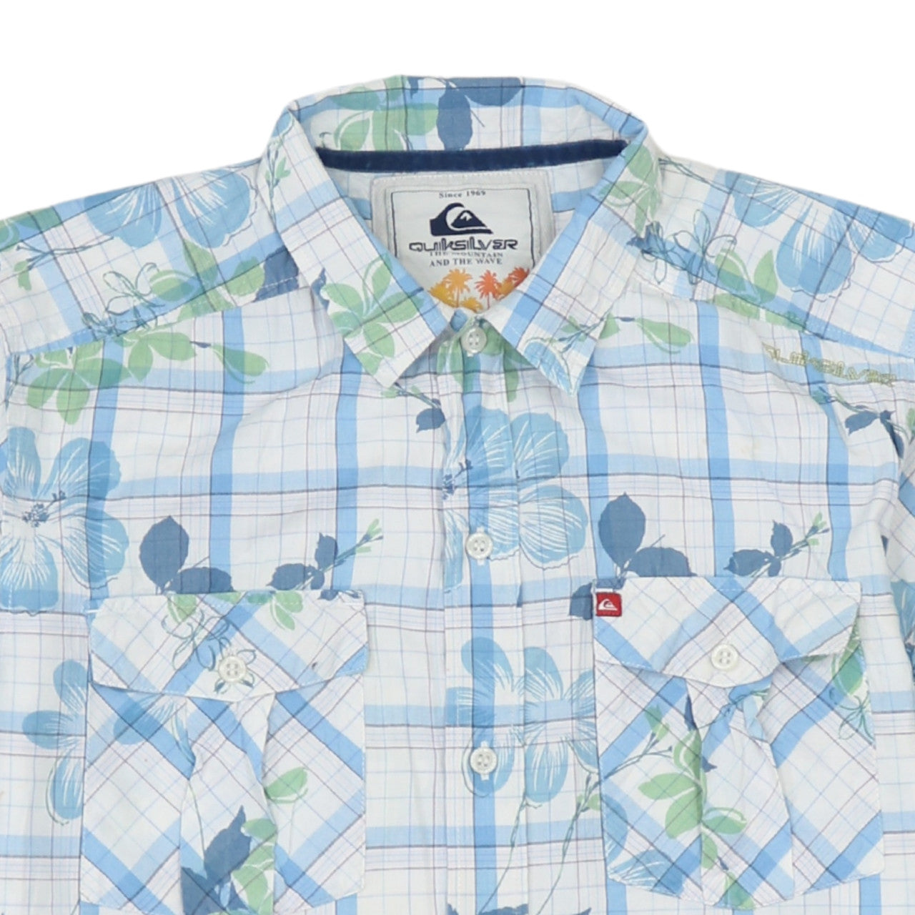 Quiksilver Boys Blue Floral Check Short Sleeve Button-Up Shirt Size 16
