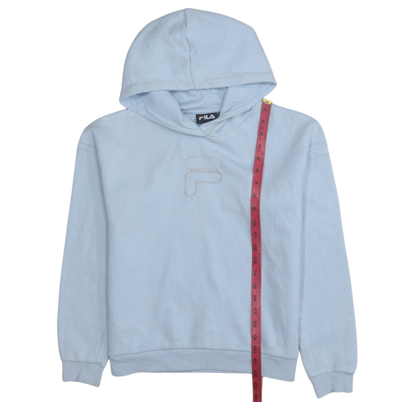 Fila Womens Light Blue Small Pullover Hoodie Rhinestone Logo Casual