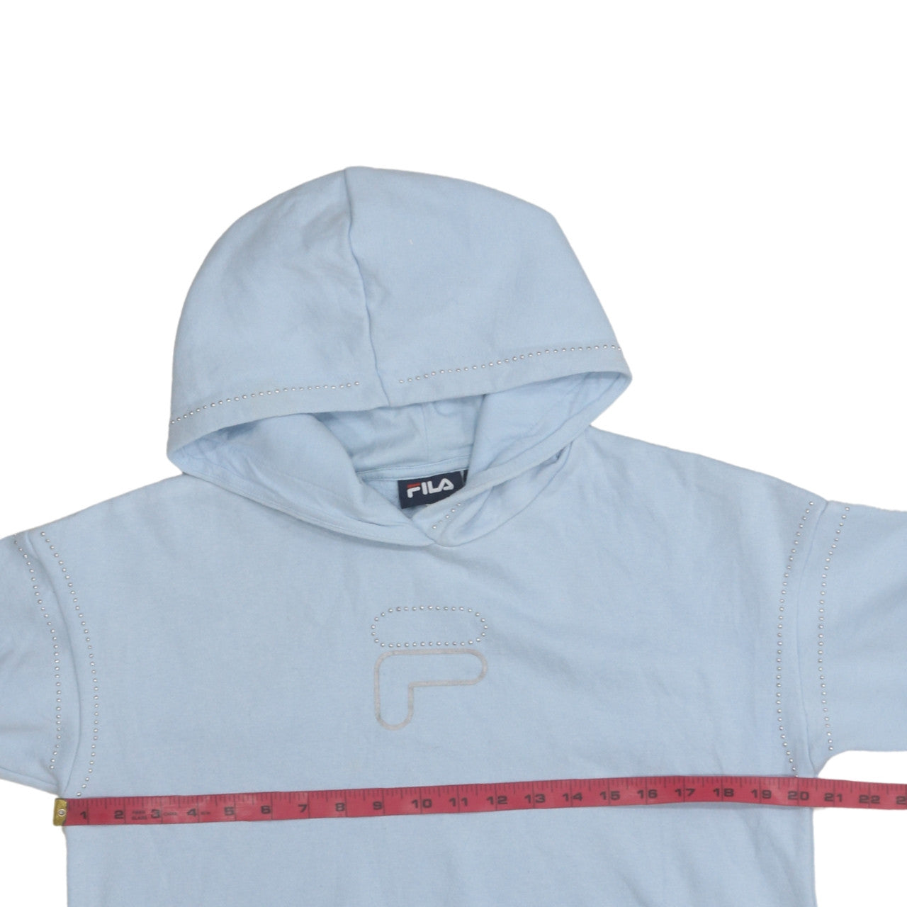 Fila Womens Light Blue Small Pullover Hoodie Rhinestone Logo Casual