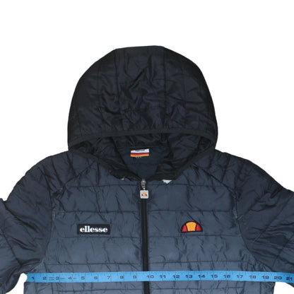 Brand and care label for Ellesse Men's Blue Lightweight Hooded Puffer Jacket UK S