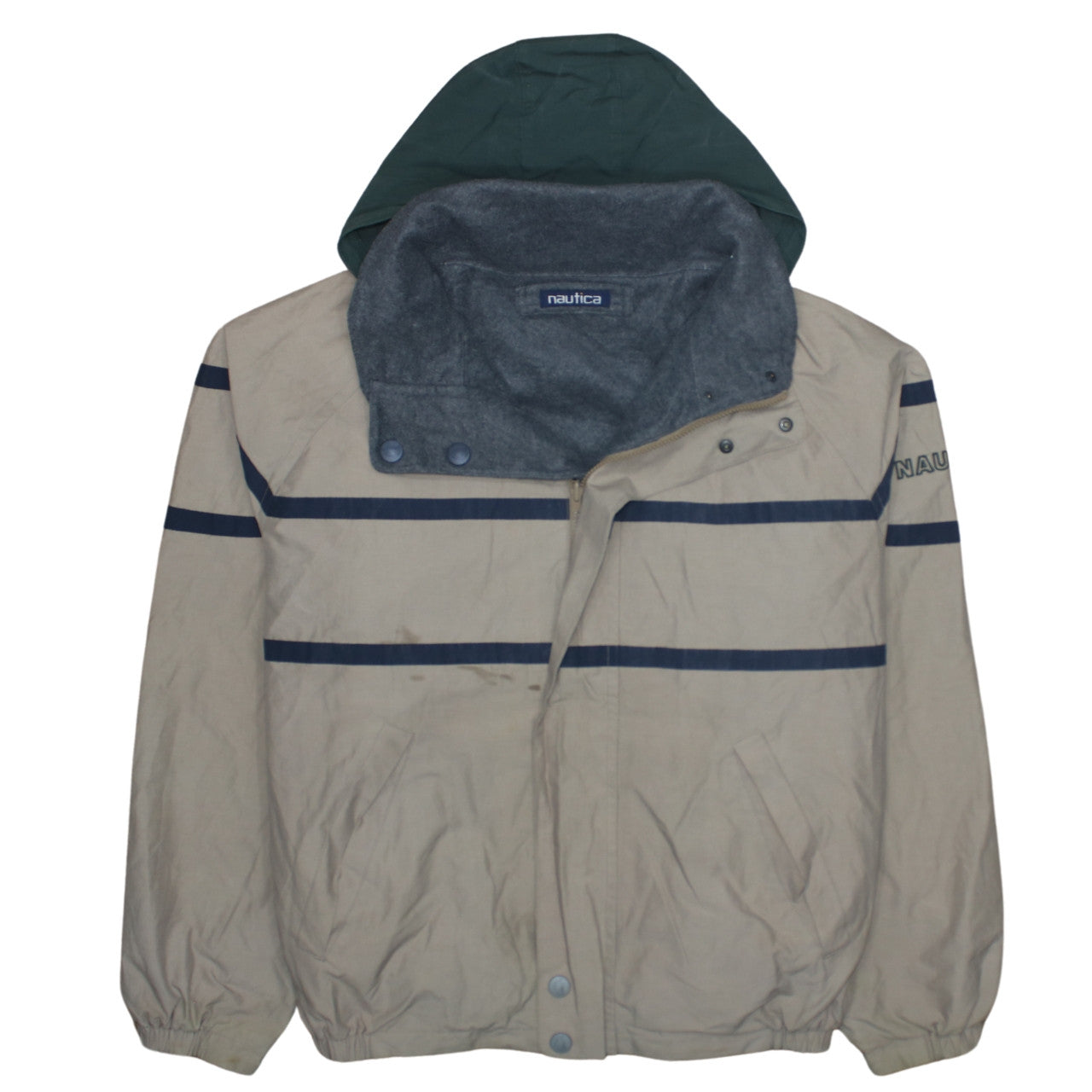 Nautica Men's Beige Windbreaker Jacket L Hooded Full Zip Fleece Lined