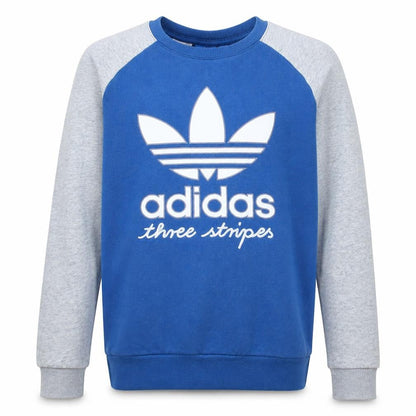 Front view of Adidas boys’ blue crew neck pullover sweatshirt, size 14, years