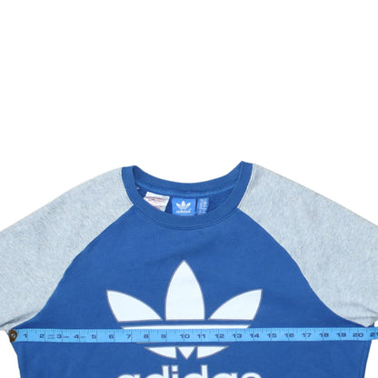 Back view of Adidas boys’ blue crew neck pullover sweatshirt, size 14, years