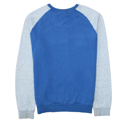 Brand and care label for Adidas boys’ blue crew neck pullover sweatshirt, size 14, years