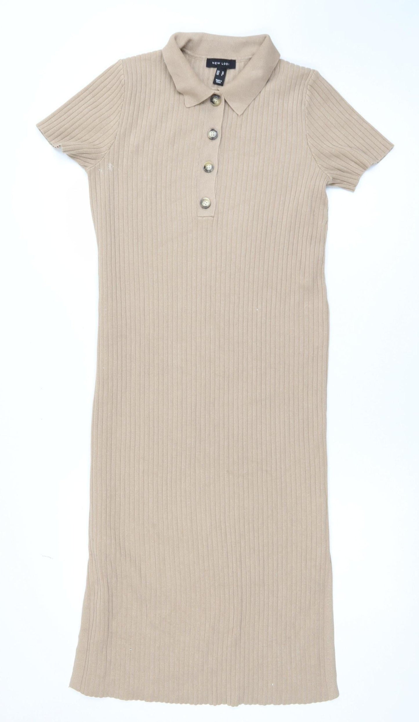 New Look Women Beige Collared Ribbed Midi Shirt Dress Size 10