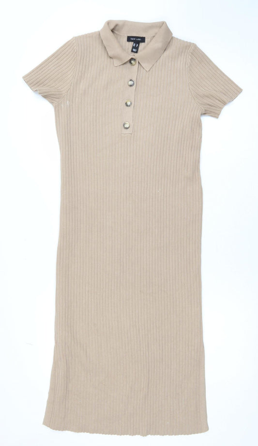 New Look Women Beige Collared Ribbed Midi Shirt Dress Size 10