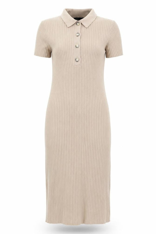 New Look Women Beige Collared Ribbed Midi Shirt Dress Size 10
