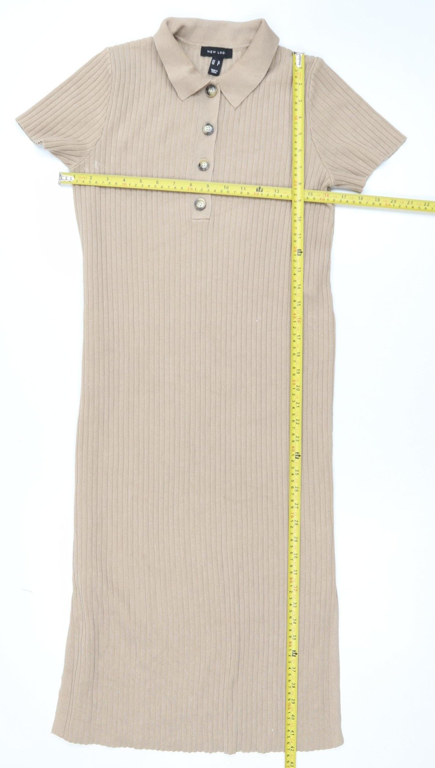 New Look Women Beige Collared Ribbed Midi Shirt Dress Size 10