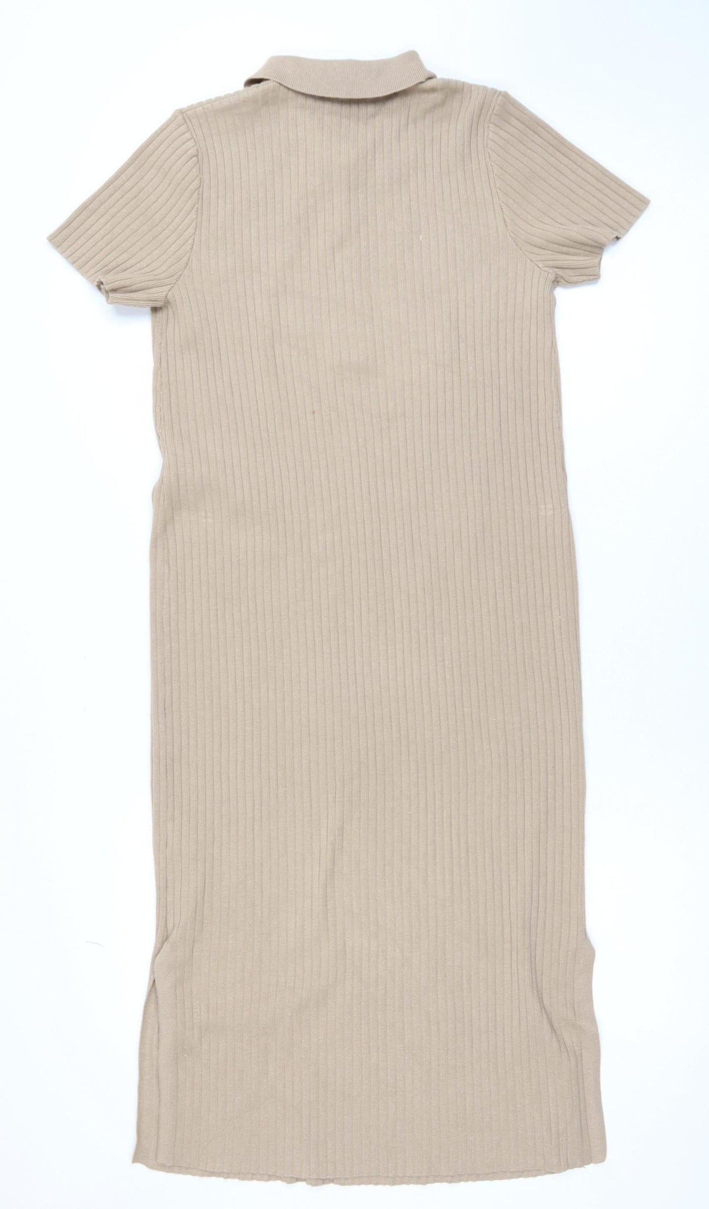 New Look Women Beige Collared Ribbed Midi Shirt Dress Size 10