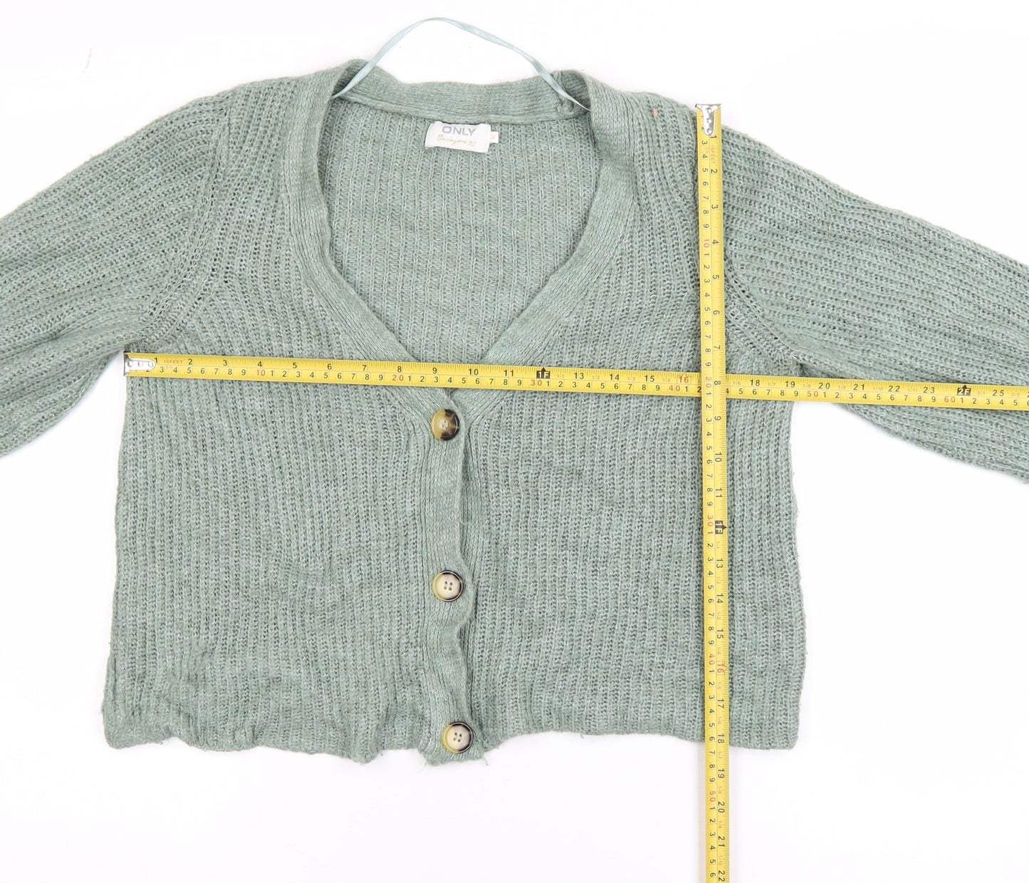 ONLY Women’s Green Chunky Knit V-Neck Balloon Sleeve Cardigan M
