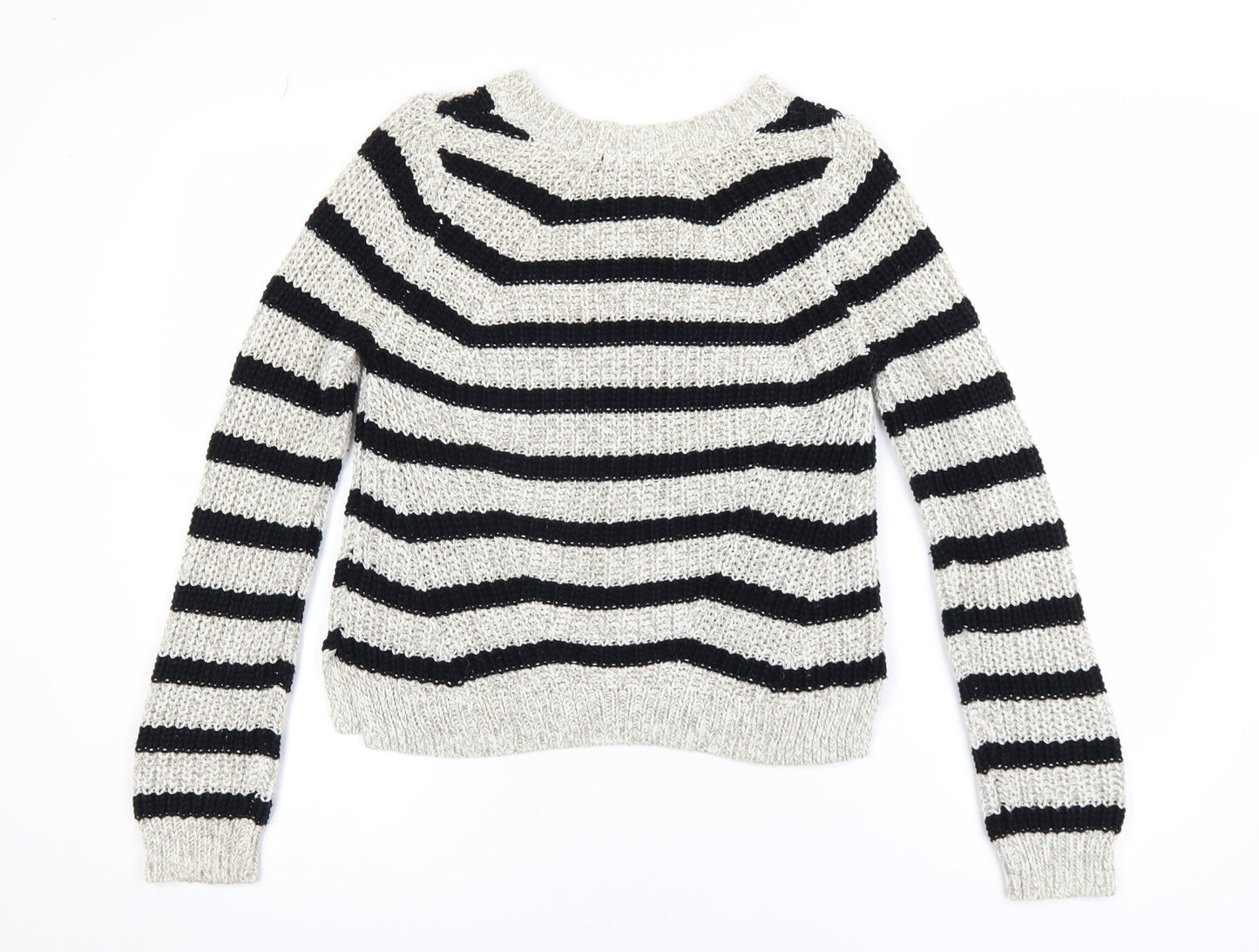 H&M Womens Black & White Striped Knit Jumper XS Classic Crew Neck
