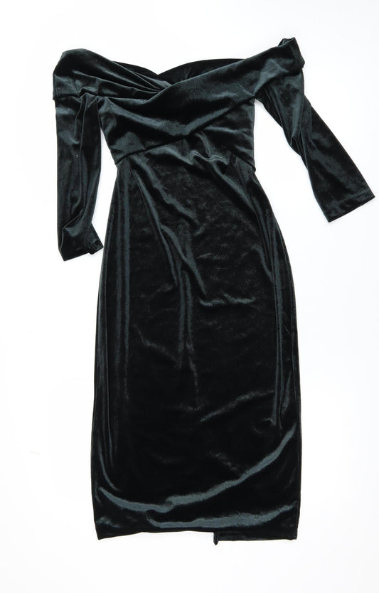 Zara Women Black Velvet Off Shoulder Midi Bodycon Dress Size 8