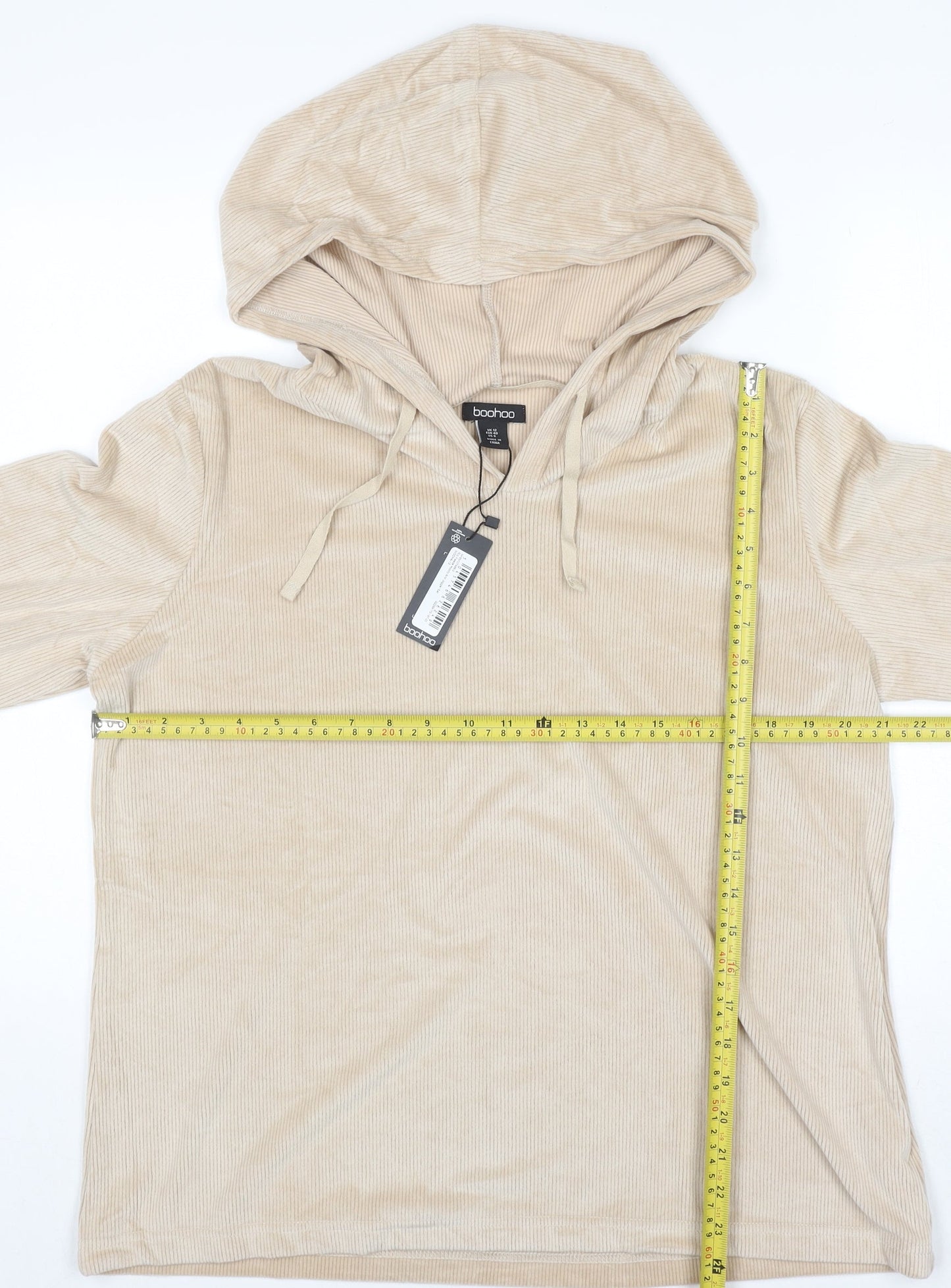 Boohoo Women Beige Corduroy Hooded Pullover Jumper UK 12
