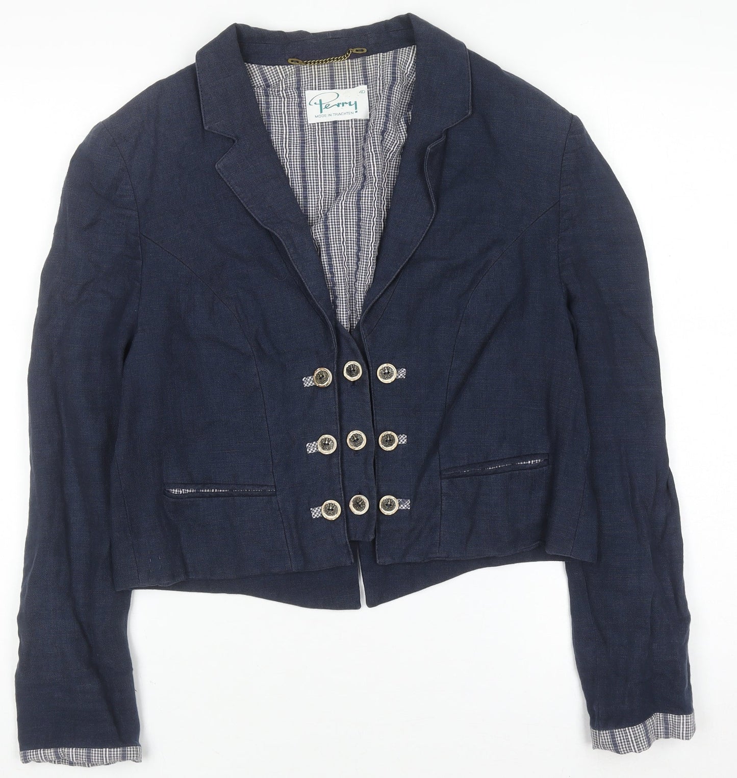 Perry Women Blue Linen Military Blazer Size 12 Cropped Jacket