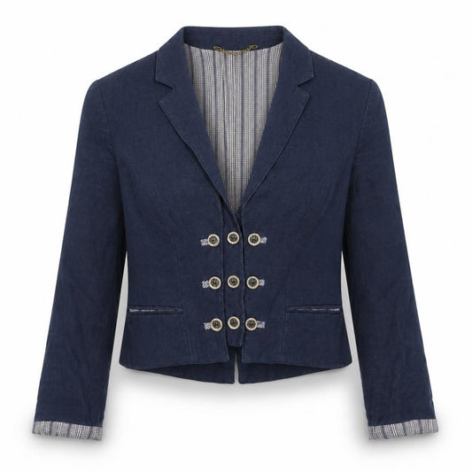 Perry Women Blue Linen Military Blazer Size 12 Cropped Jacket