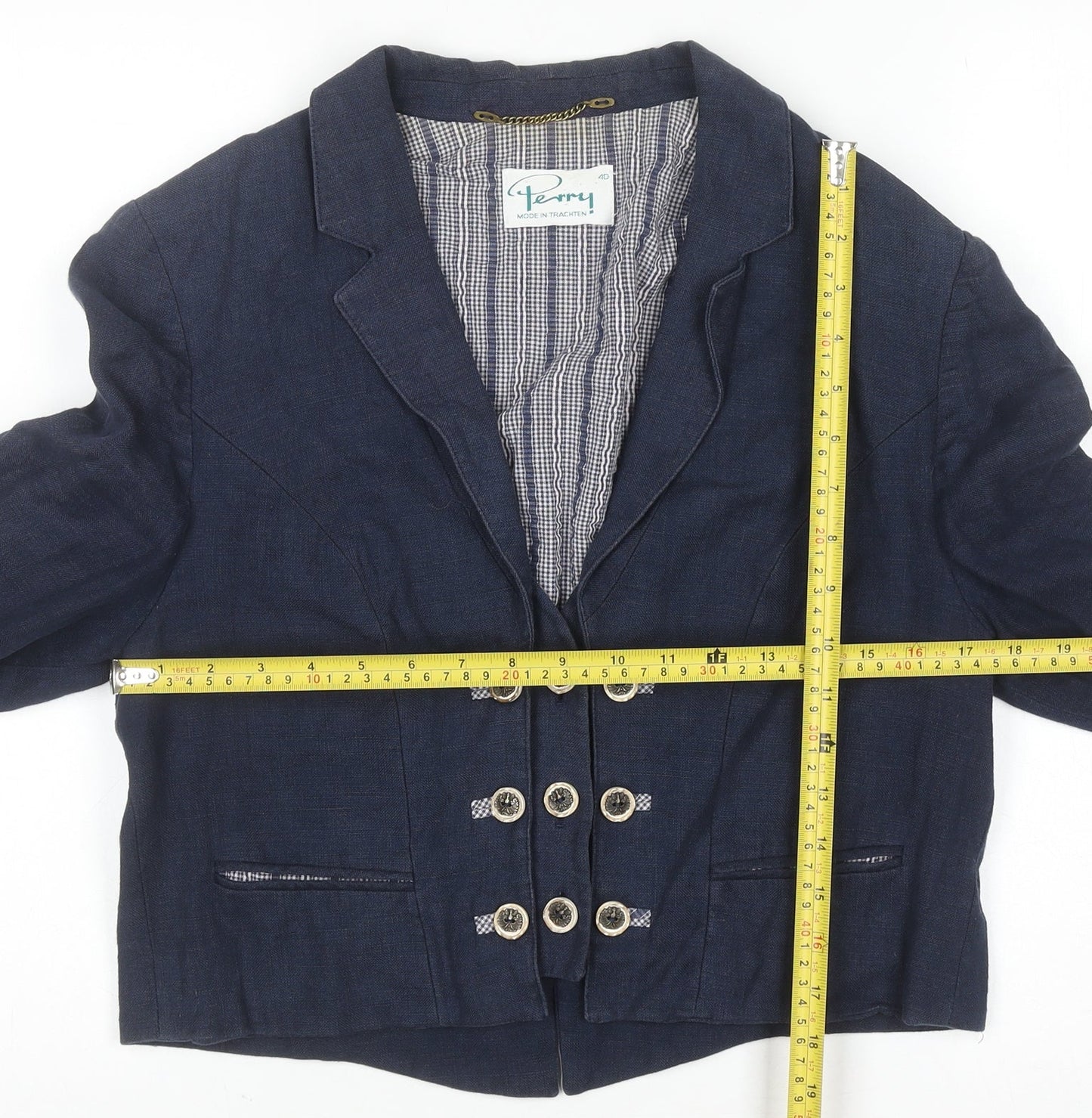 Perry Women Blue Linen Military Blazer Size 12 Cropped Jacket