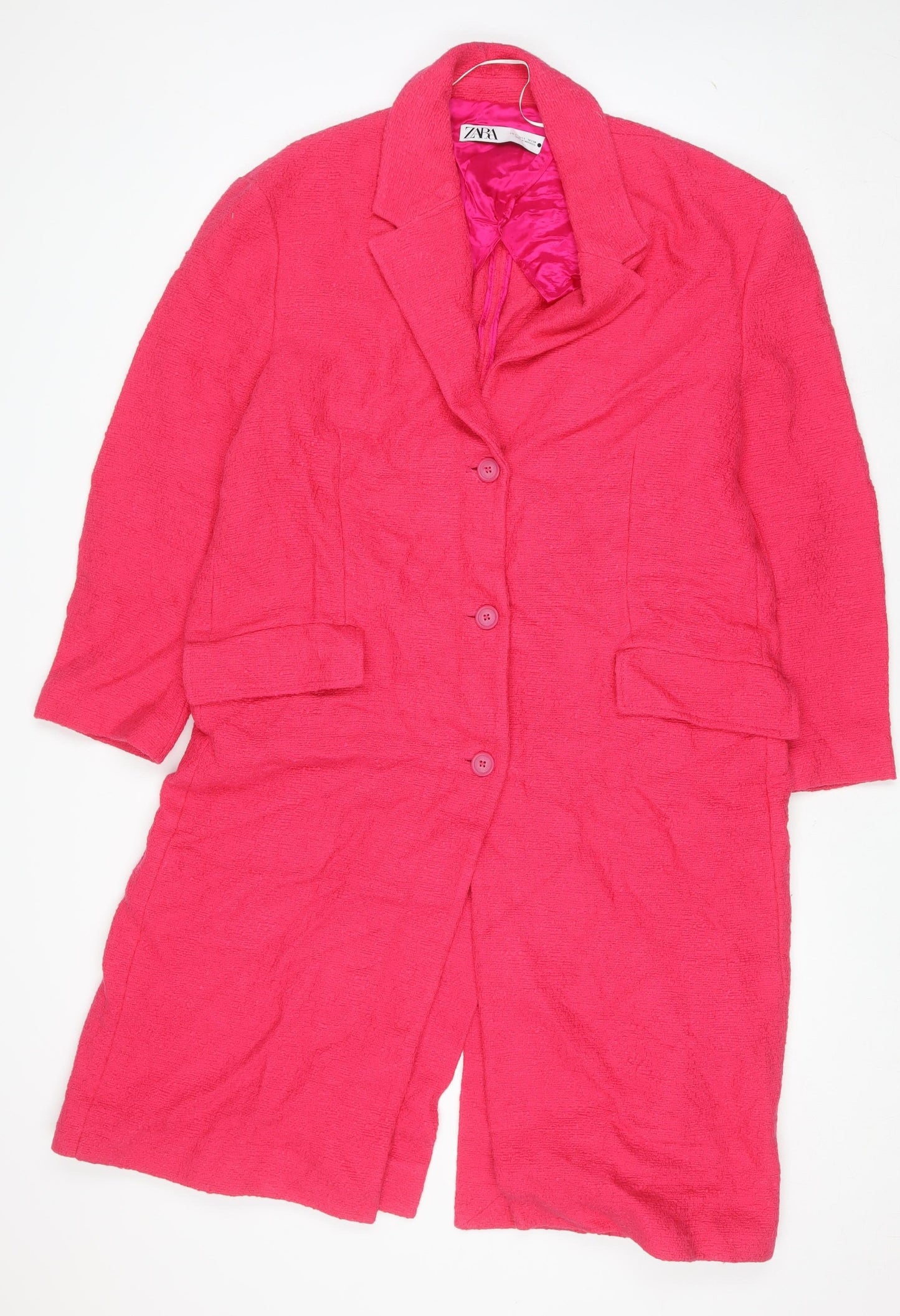 Zara Women Pink Long Tweed Overcoat Size 14 Buttoned Lined