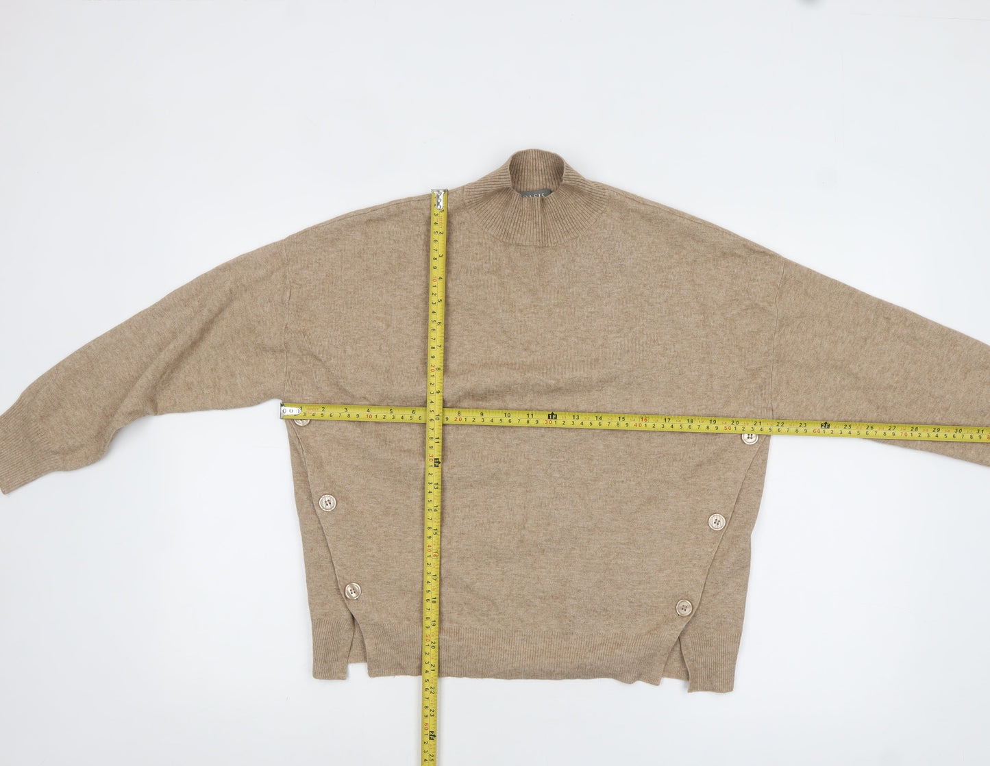Oasis Women Beige Mock Neck Button Detail Knit Jumper XS