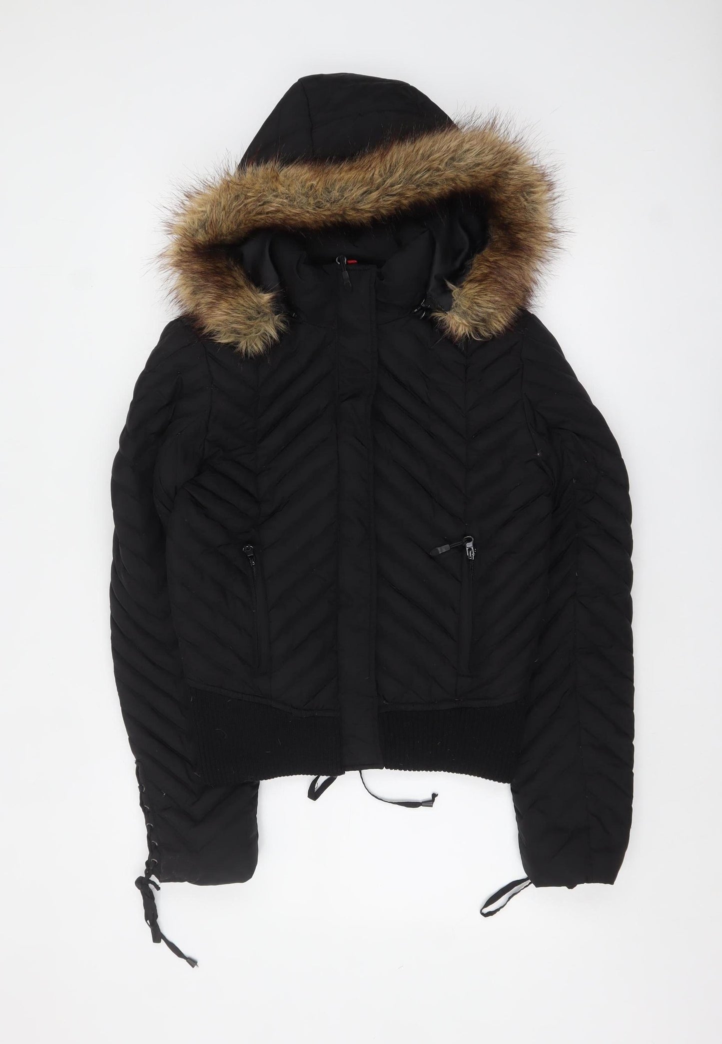 Dale Dressin Womens Black Fur Trim Hooded Puffer Jacket Size M
