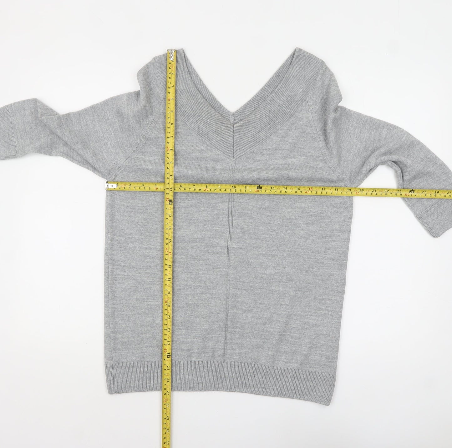 Tu Women Grey Acrylic V-Neck 3/4 Sleeve Pullover Jumper Size 14