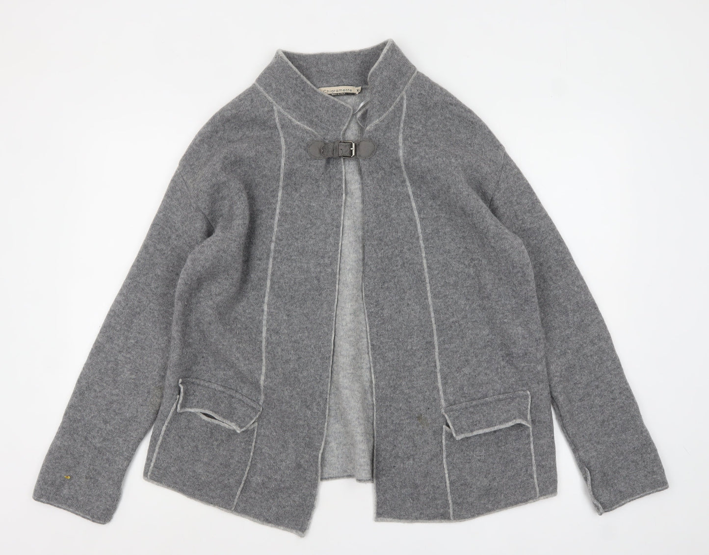 Chiaramente Women Grey Wool Cardigan XL Collared Buckle Knit
