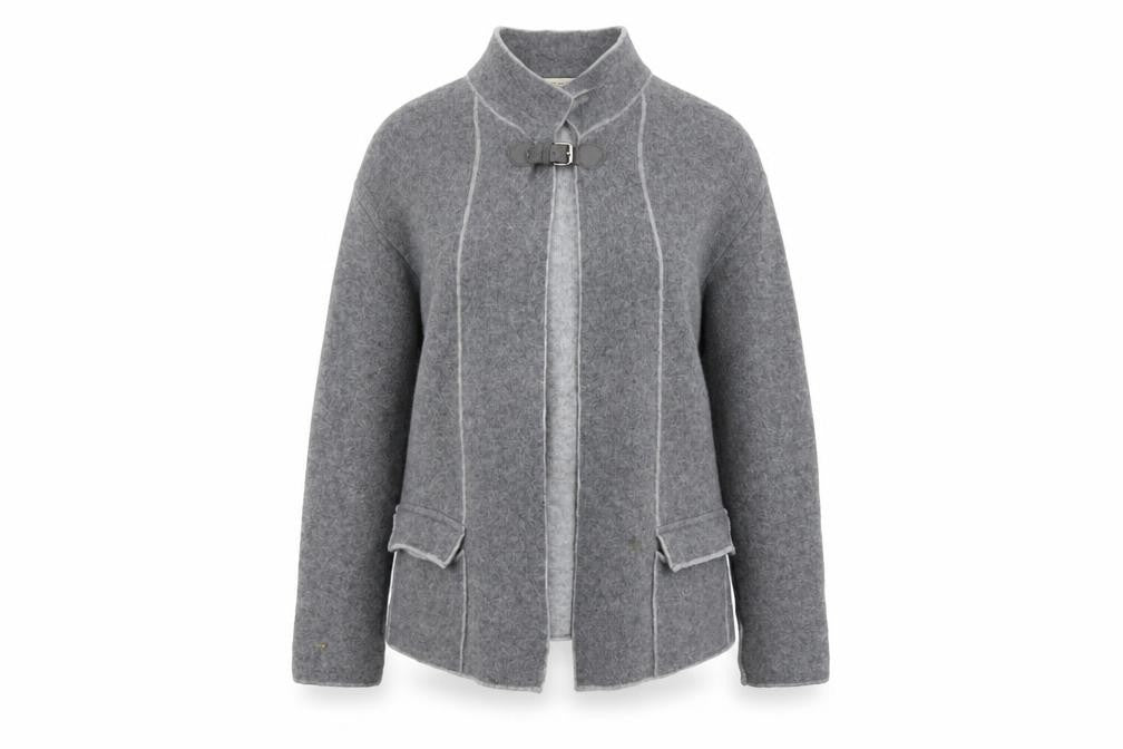 Chiaramente Women Grey Wool Cardigan XL Collared Buckle Knit