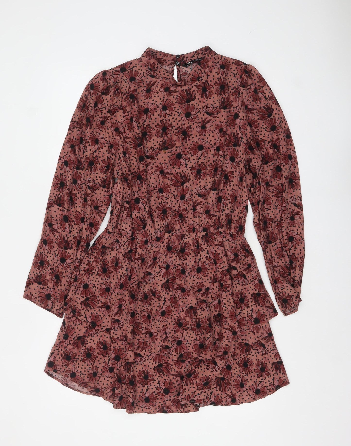 Zara Women Brown Floral Short Shift Dress Size 14 Long Sleeve