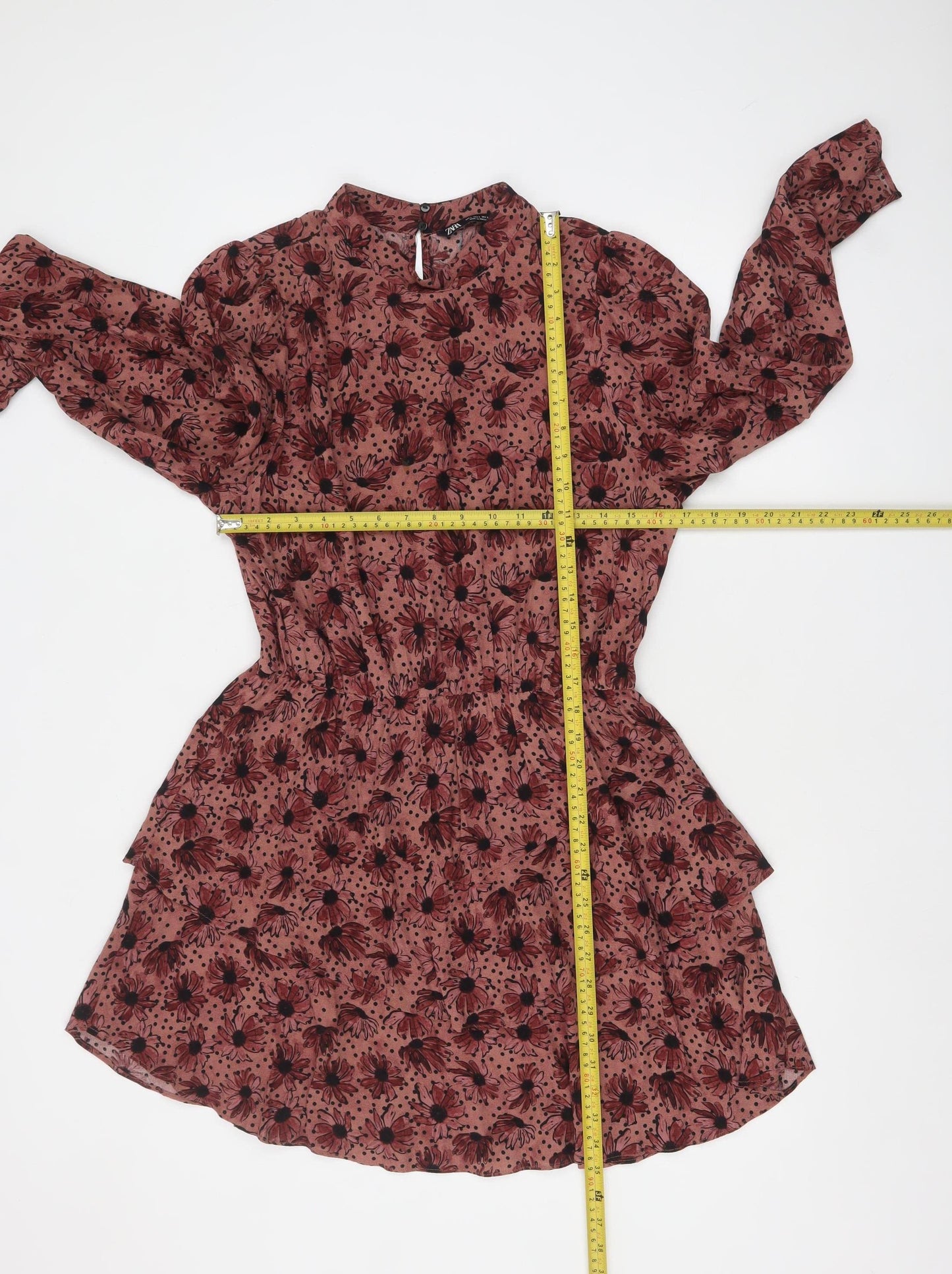 Zara Women Brown Floral Short Shift Dress Size 14 Long Sleeve