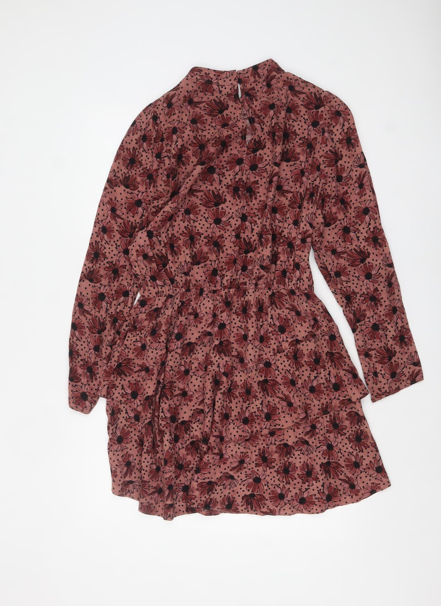 Zara Women Brown Floral Short Shift Dress Size 14 Long Sleeve