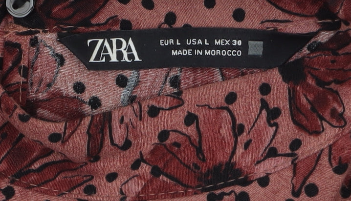 Zara Women Brown Floral Short Shift Dress Size 14 Long Sleeve