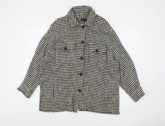 ZARA Women Black White Tweed Houndstooth Jacket Size 12