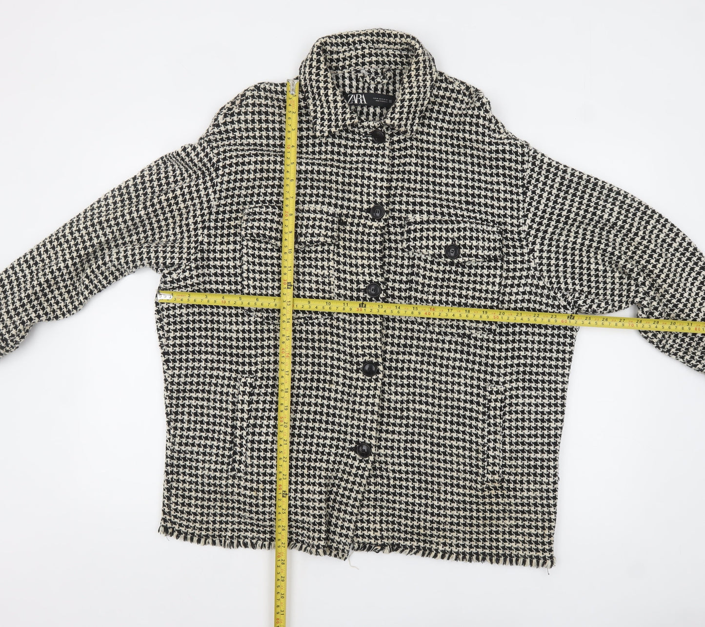ZARA Women Black White Tweed Houndstooth Jacket Size 12