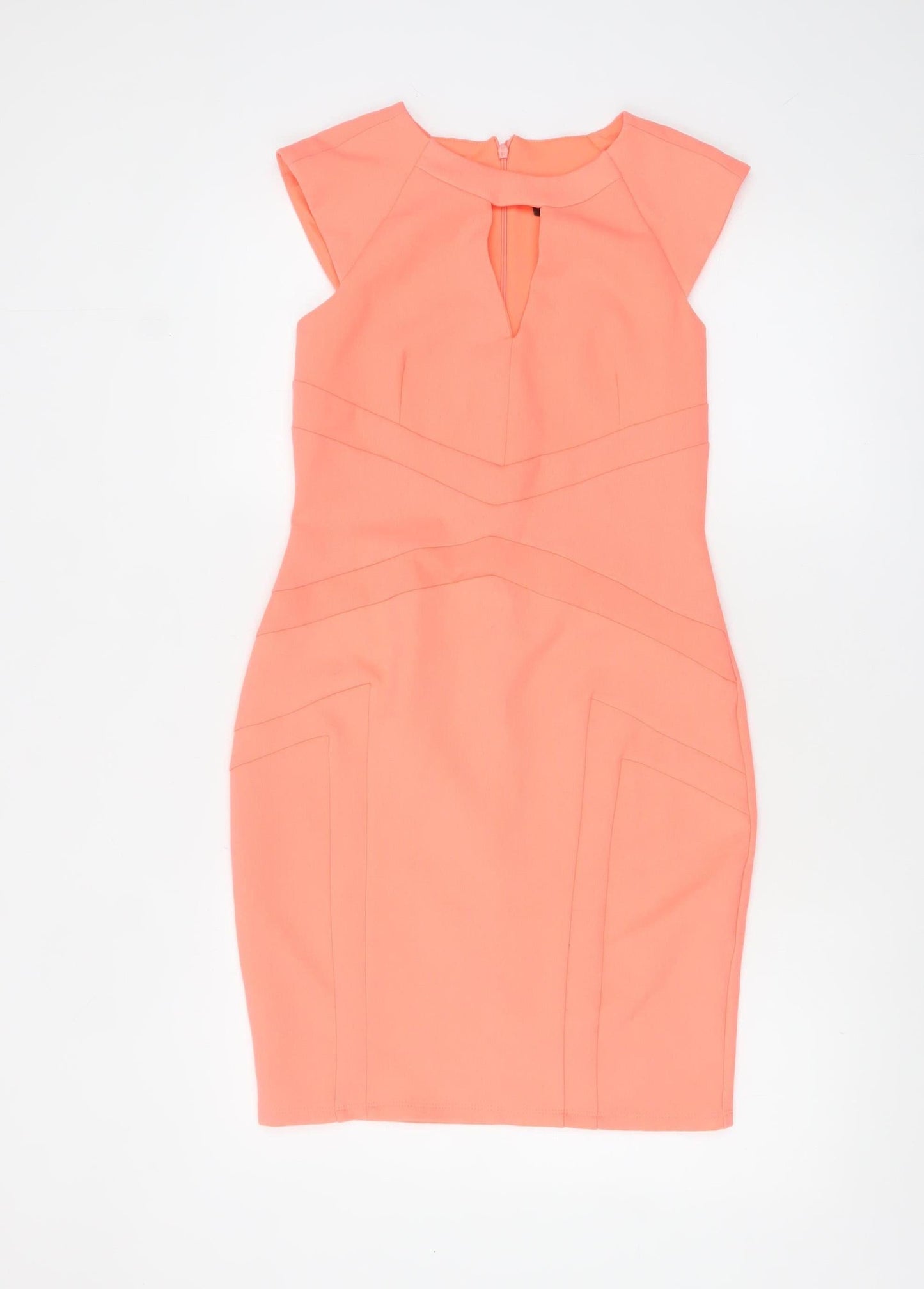 River Island Women’s Orange Bodycon Dress Size 8 Knee Length Fitted Zip Detail