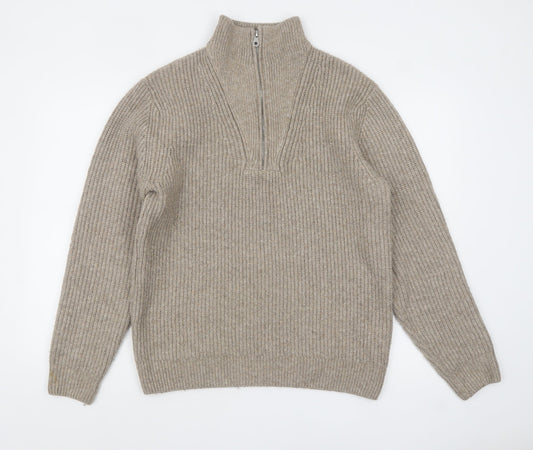 Zara Men Beige Chunky Knit 1/4 Zip High Neck Jumper Size M