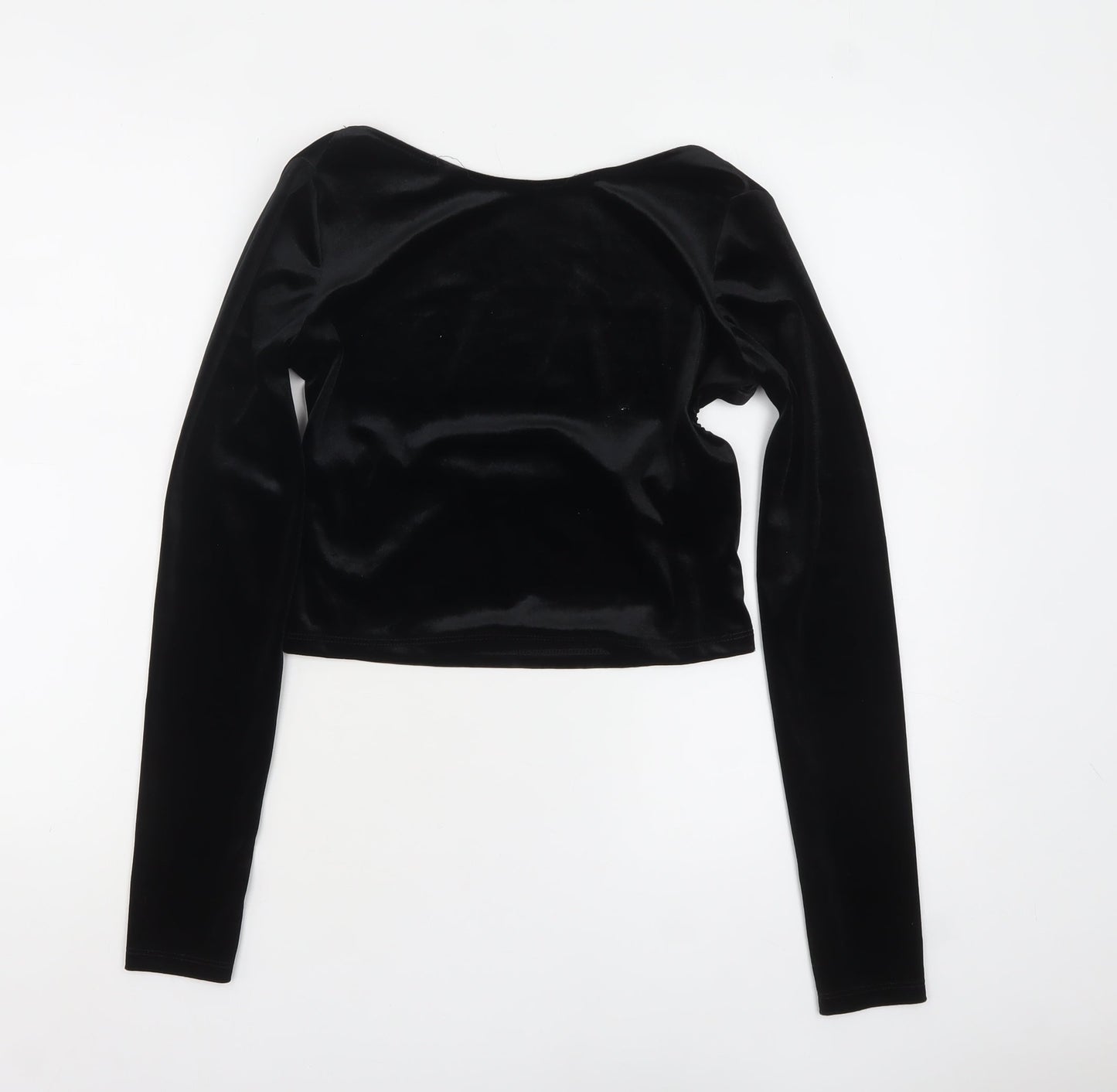 Pull&Bear Women's Black Velvet Cropped Long Sleeve Blouse Size 12
