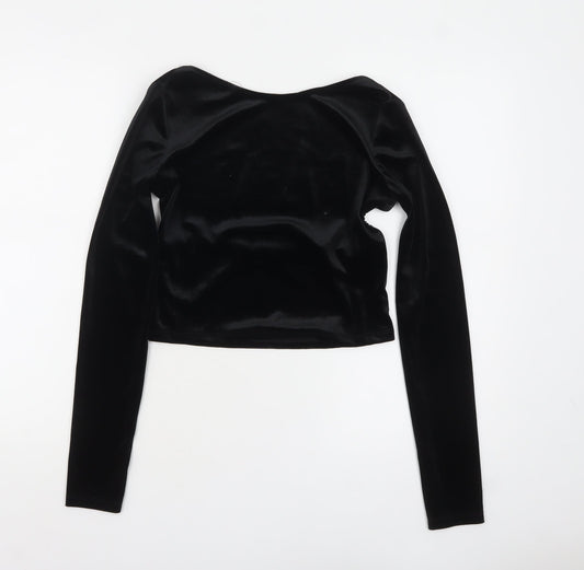 Pull&Bear Women's Black Velvet Cropped Long Sleeve Blouse Size 12