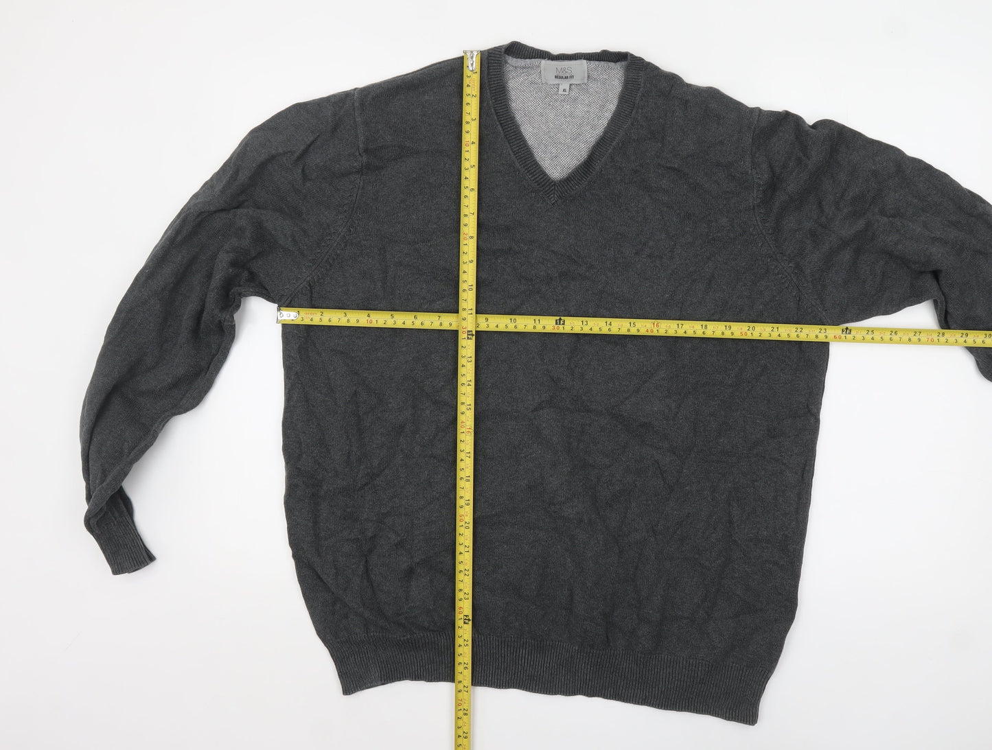 Marks and Spencer Men's Grey XL V-Neck Cotton Jumper Regular Fit