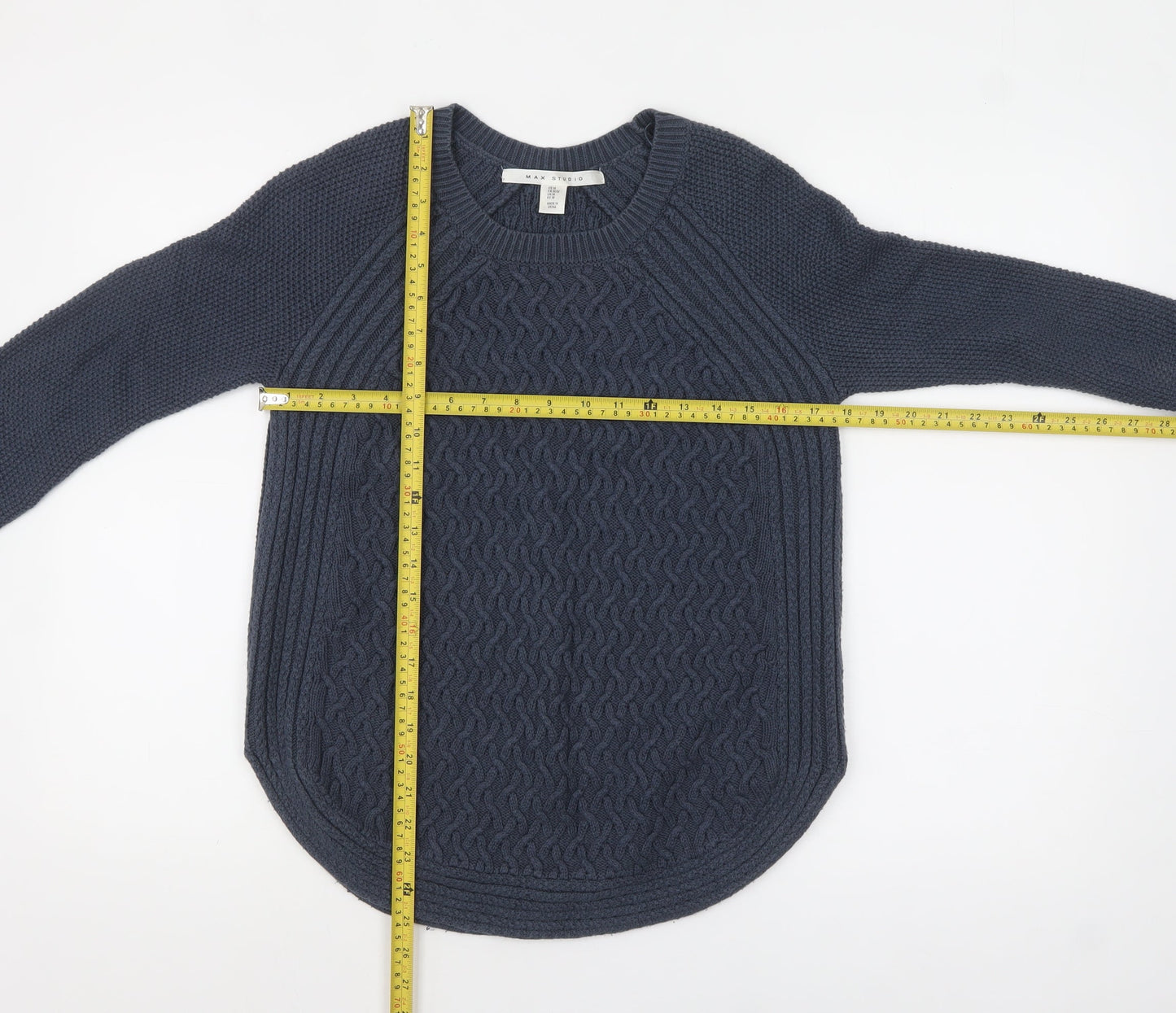 Max Studio Women Blue Cable-Knit Jumper Medium Cotton Blend