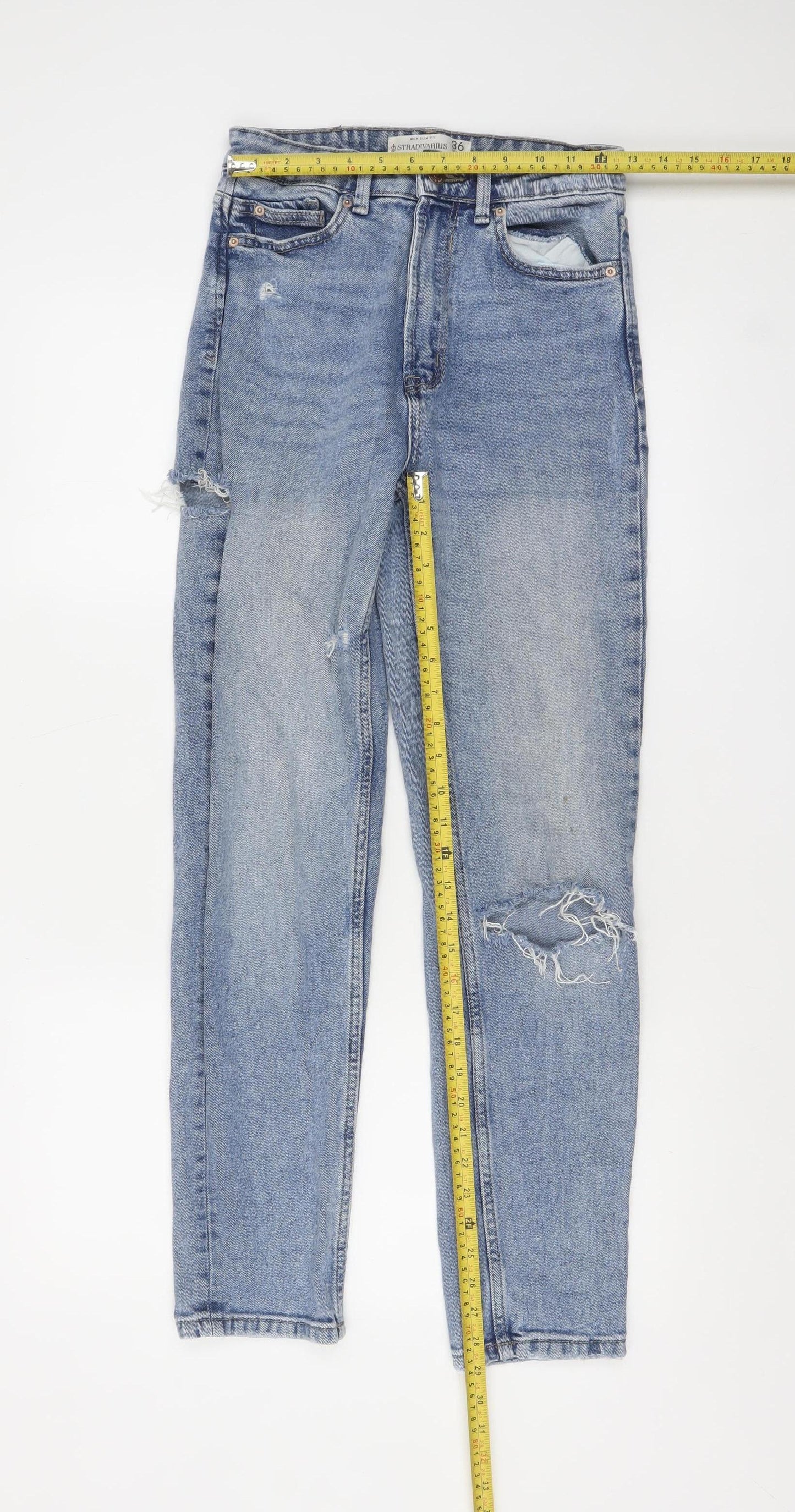 Stradivarius Women’s Blue High Rise Mom Slim Fit Distressed Jeans UK 8