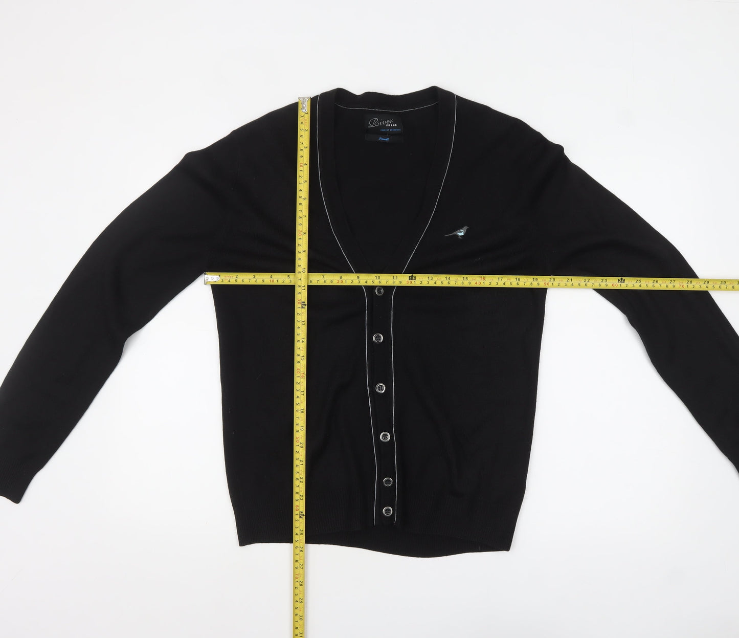 River Island Men's Black V-Neck Button Cardigan Small