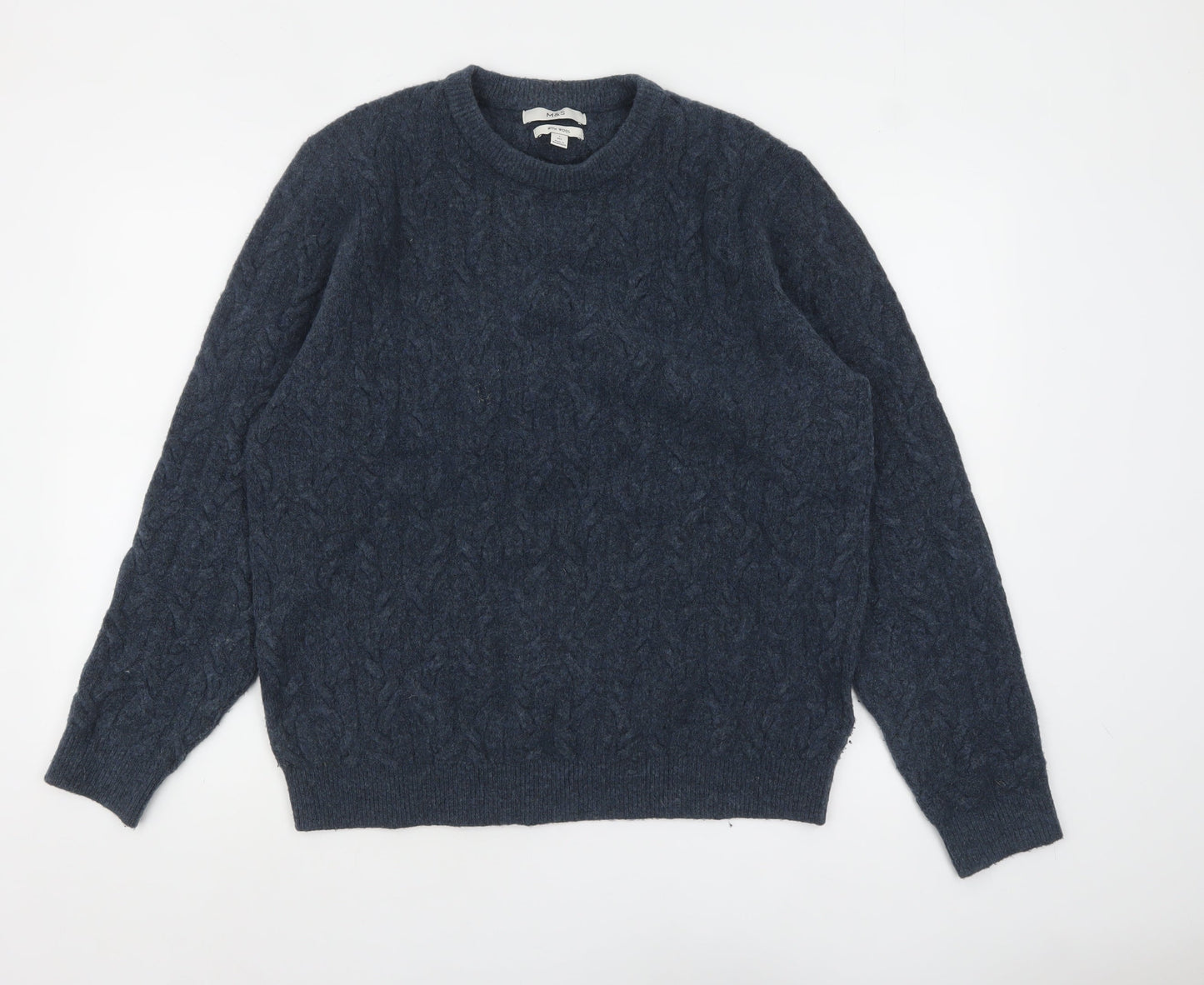 Marks and Spencer Men's Blue Cable Knit Wool Blend Jumper Size L