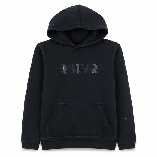 Front view of Quiksilver boys’ black hoodie pullover fleece graphic print, size 14, years