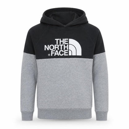 Front view of The North Face boys’ grey & black pullover hoodie l logo sweatshirt