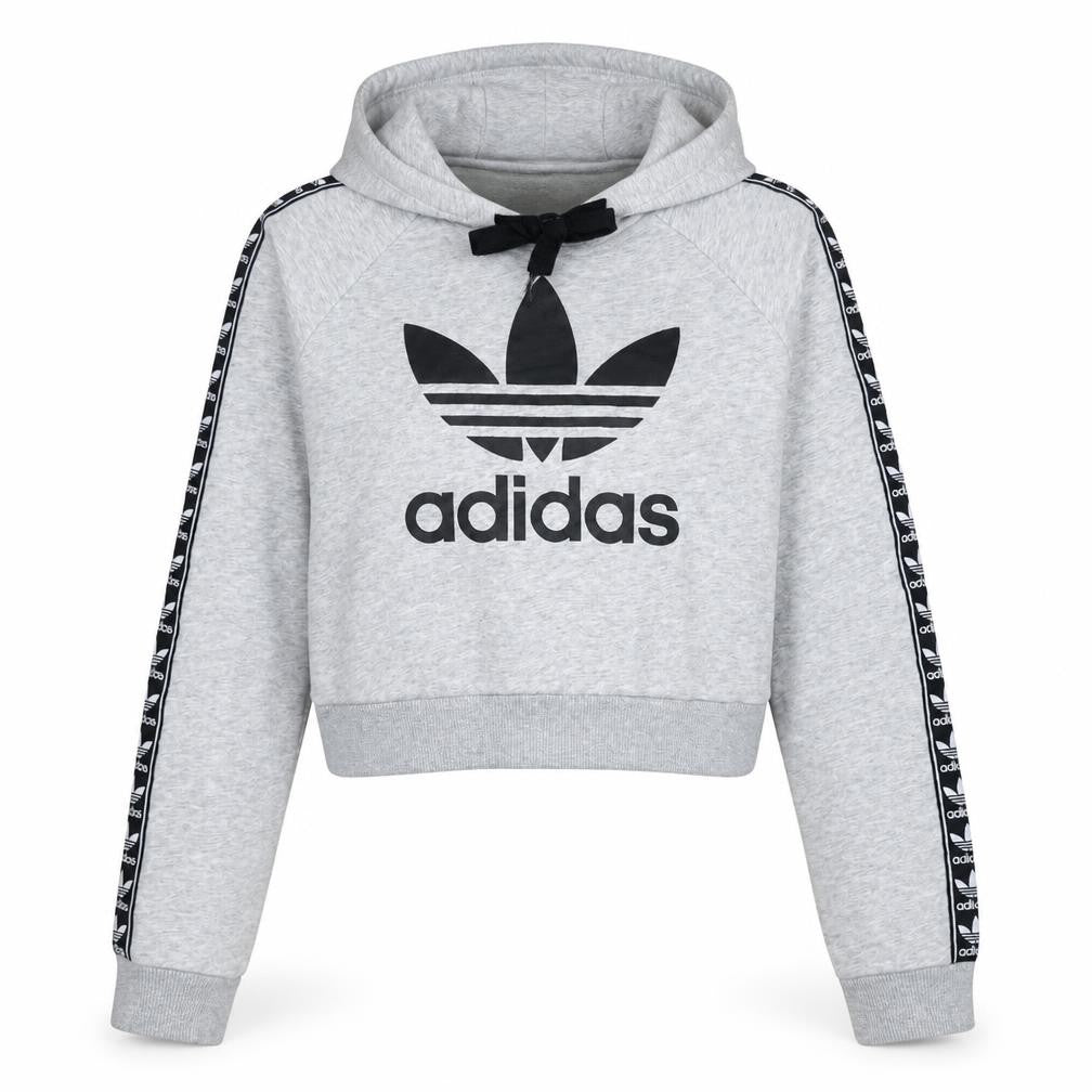 Adidas Womens Grey Crop Hoodie XS Logo Tape Sleeve Hooded Sweatshirt