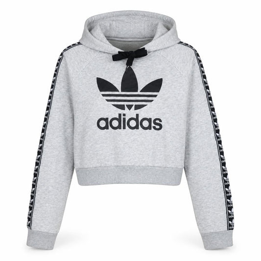 Adidas Womens Grey Crop Hoodie XS Logo Tape Sleeve Hooded Sweatshirt
