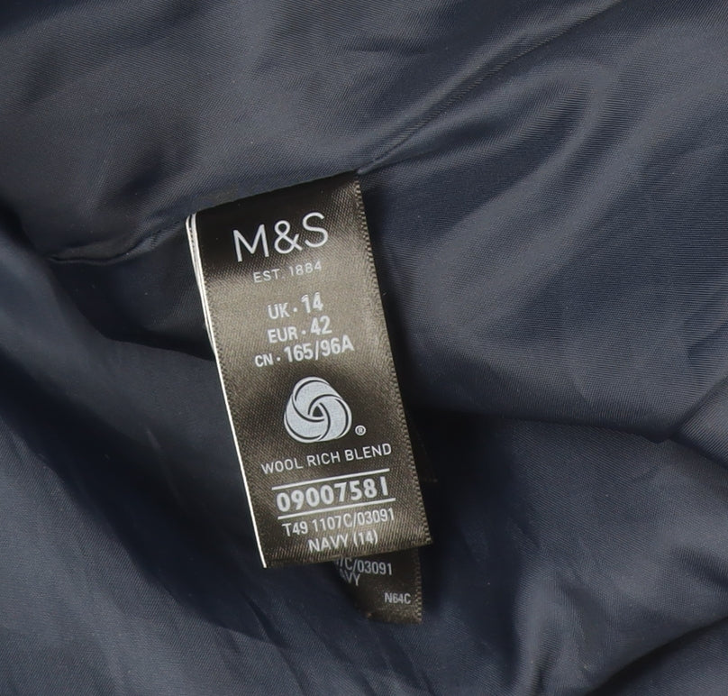 Marks and Spencer Women's Blue Classic Wool Blend Mid-Length Coat Size 14