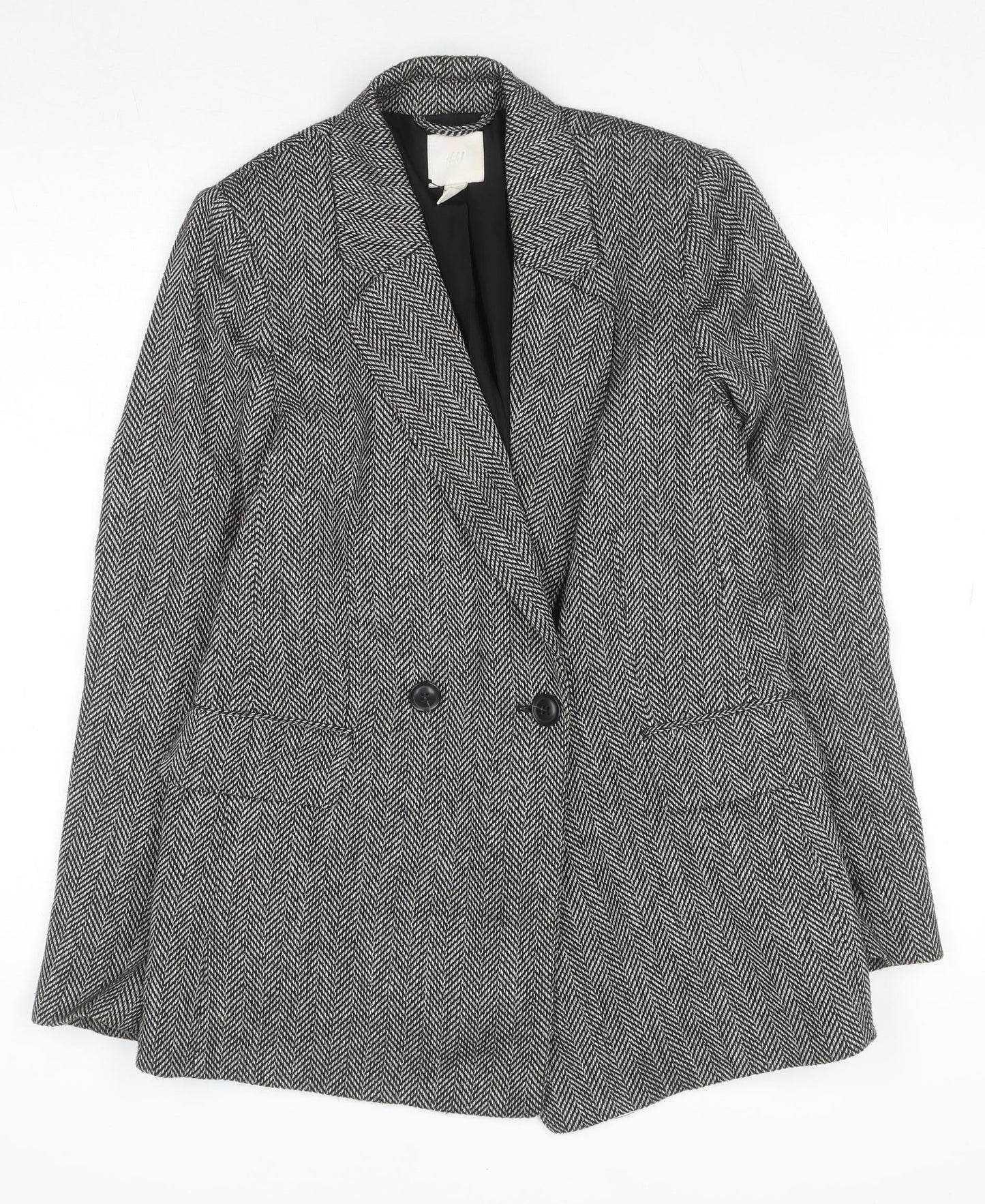 H&M Women’s Grey Herringbone Blazer Jacket Size 6 Classic Style