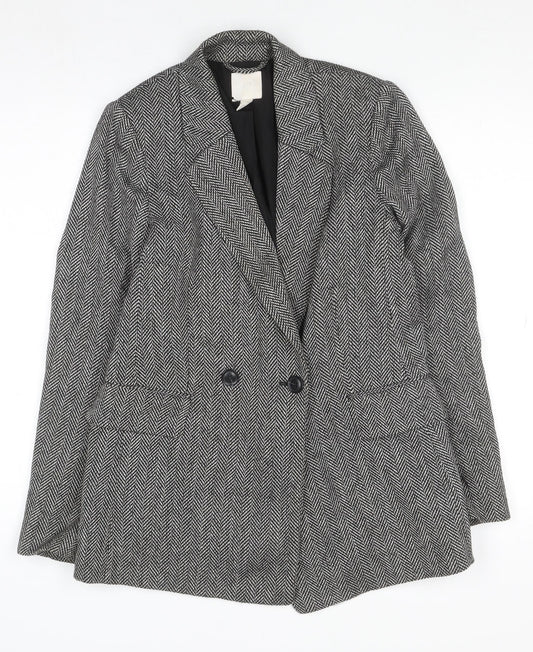 H&M Women’s Grey Herringbone Blazer Jacket Size 6 Classic Style