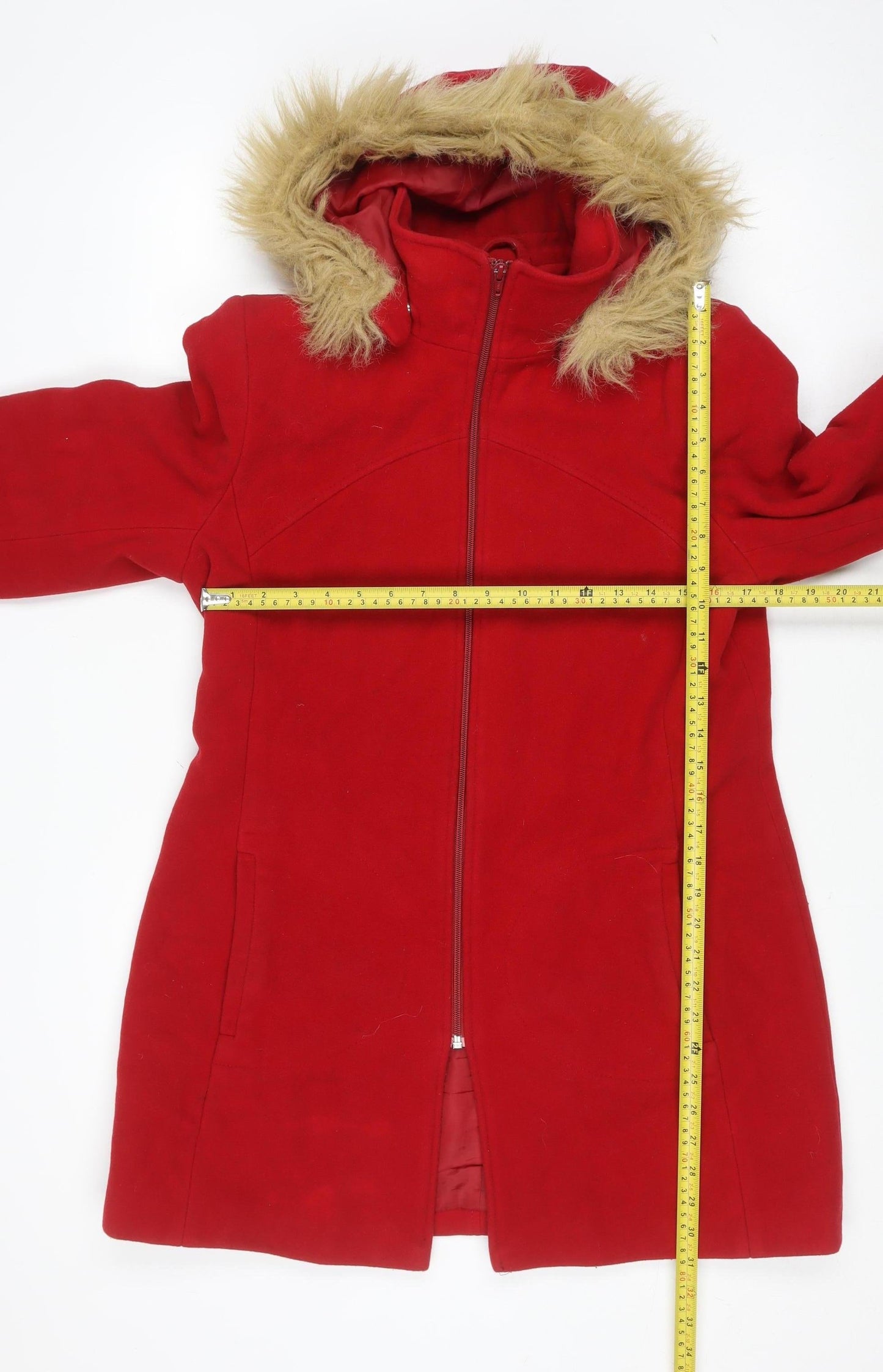 Dorothy Perkins Women's Red Faux Fur Hooded Parka Coat Size 14
